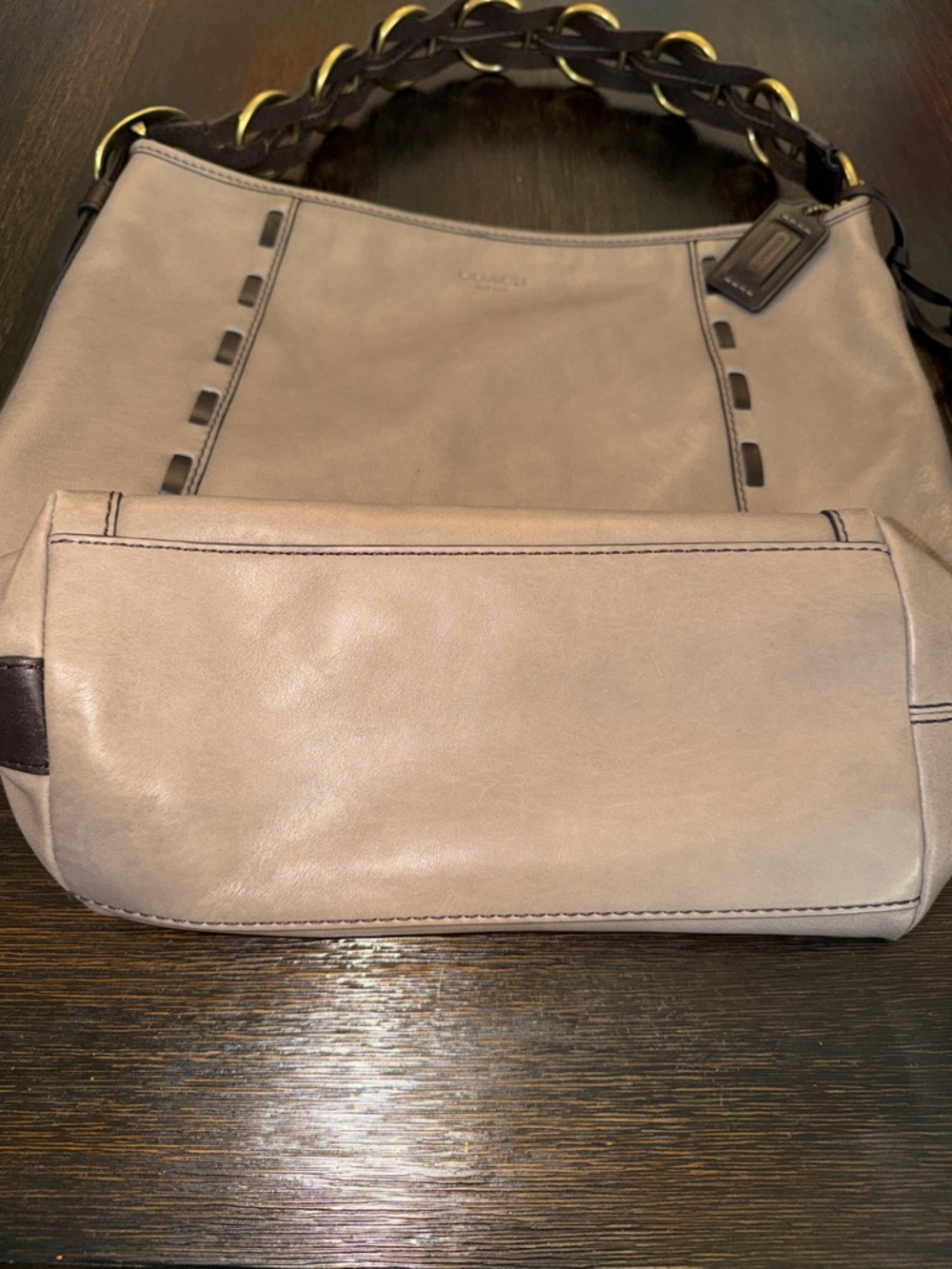 COACH Soft Taupe Leather Shoulder Bag with Braided Dark Brown Handle - Picture 8 of 16